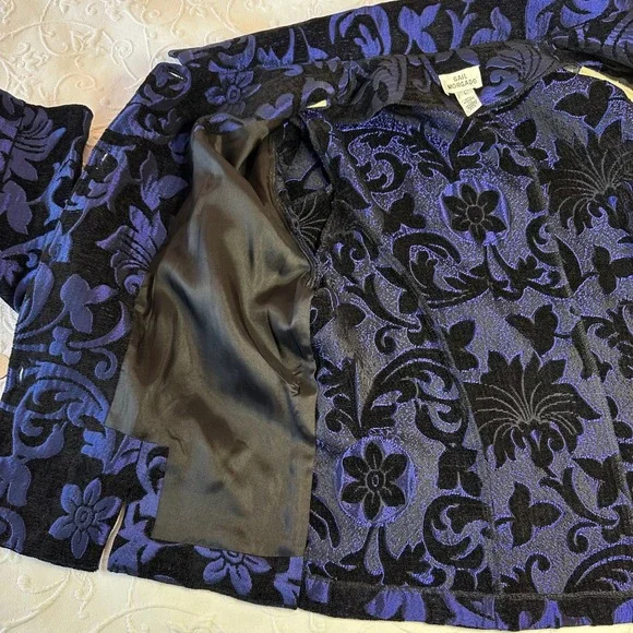 Vintage 90s Gail Morgado Womens Blue Black Floral Damask Brocade Blazer size L - Picture 7 of 9